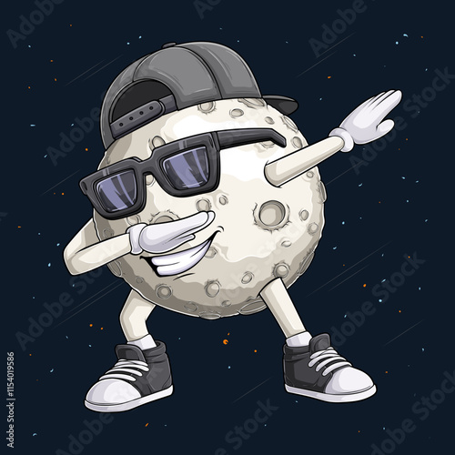 Hand drawn Moon character wearing grey cap, sunglasses doing dab dance, bright dabbing moon gesture