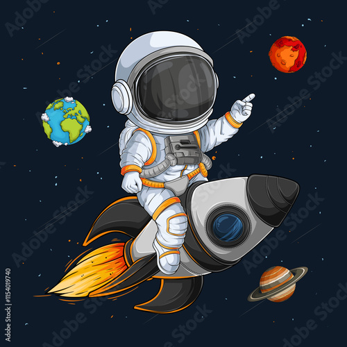 Hand drawn astronaut wearing space suit riding a space rocket on fire among planets in outer space