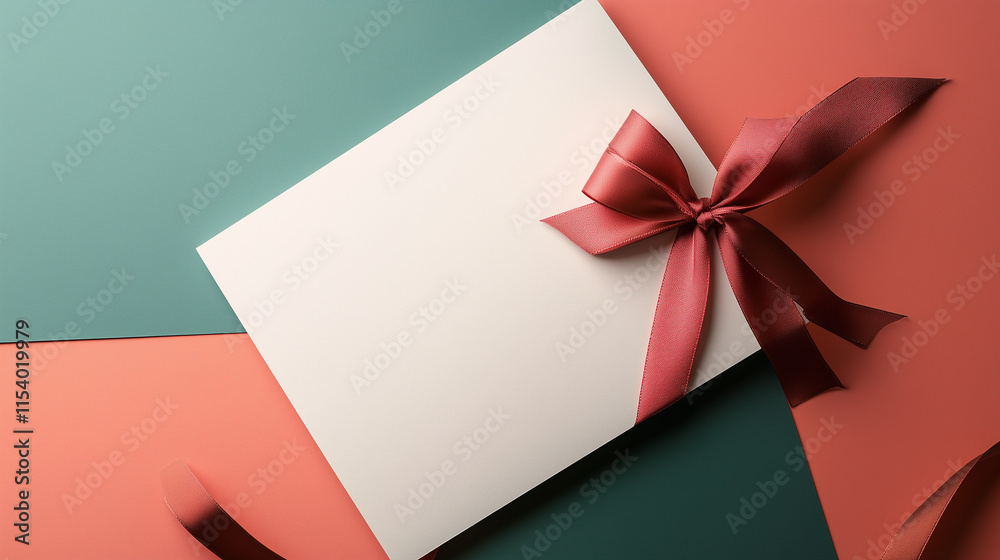 Top view photo of white paper card and red ribbon bow on abstract color modern background Top view photo of white paper card and red ribbon bow on abstract color modern background