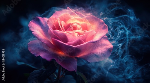 Glowing pink rose engulfed in ethereal blue smoke, dark background.