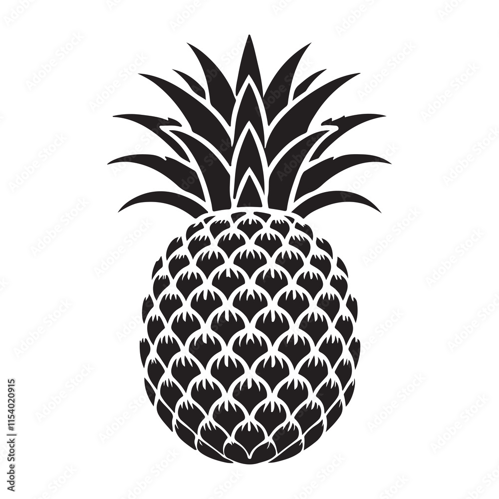 Pineapple Silhouette Vector Illustration, Solid White Background. Pineapple Silhouette Vector Illustration, Solid White Background.