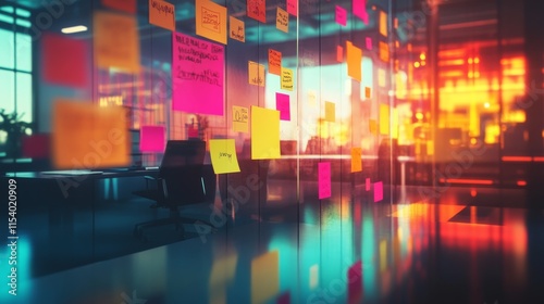 The 2025 New Year business goals concept, team brainstorming session with sticky notes on a glass wall, vibrant atmosphere, stock photos