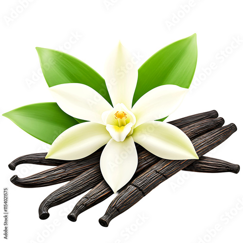 Fresh Vanilla Flower with Green Leaves on Transparent Background Natural Aroma