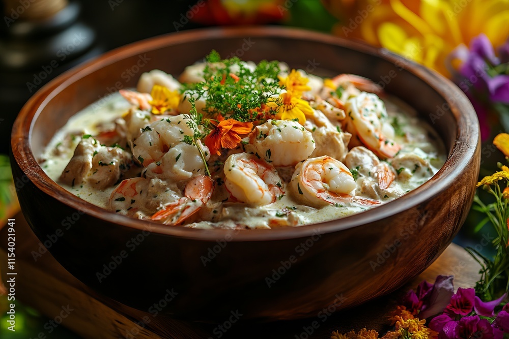 Indian Seafood Feast: Shrimp, Prawns, and Chicken in Creamy Sauce on a Wooden Table. AI generated illustration Indian Seafood Feast: Shrimp, Prawns, and Chicken in Creamy Sauce on a Wooden Table. AI generated illustration