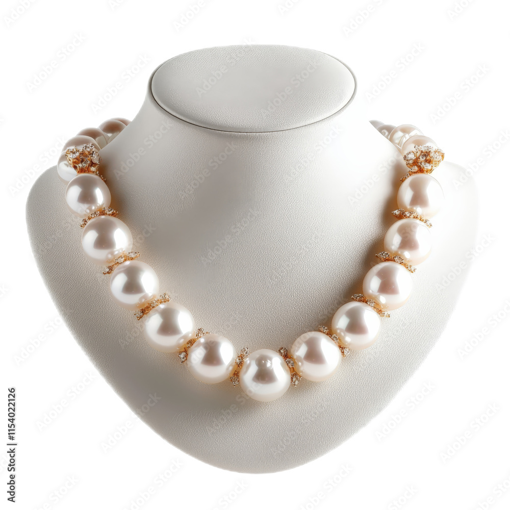 Elegant Pearl Necklace with Diamond Accents on a White Display Stand. Elegant Pearl Necklace with Diamond Accents on a White Display Stand.
