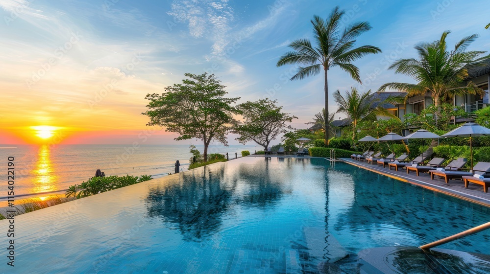 Sunset over oceanfront infinity pool and resort. Sunset over oceanfront infinity pool and resort.