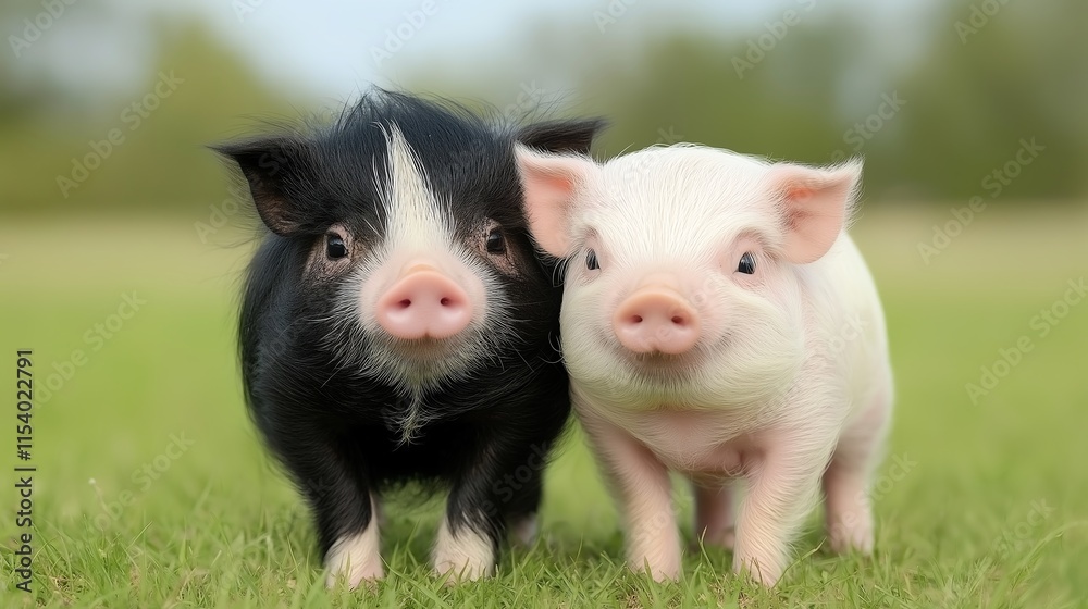 Two adorable piglets, one black and one white, stand side by side in a lush green field Two adorable piglets, one black and one white, stand side by side in a lush green field