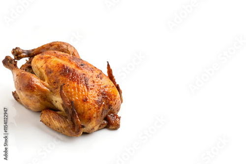 Golden Roasted Chicken Placed on Left Side on White Background with Copy Space - Perfectly Baked for Culinary Delight photo