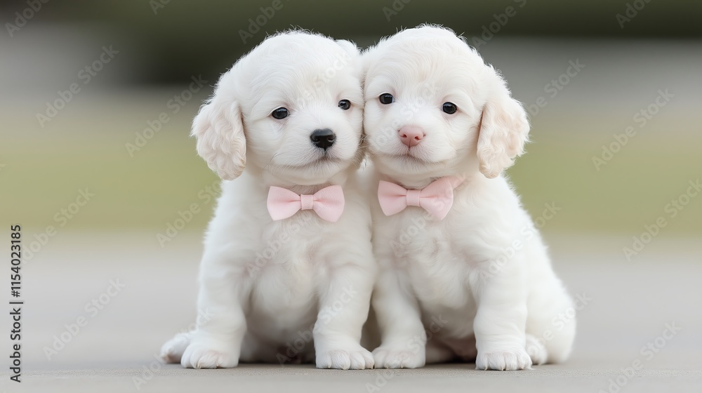 Two adorable white puppies wearing pink bows sit close together, exuding cuteness and charm. Perfect for animal lovers and pet-related content. Two adorable white puppies wearing pink bows sit close together, exuding cuteness and charm. Perfect for animal lovers and pet-related content.