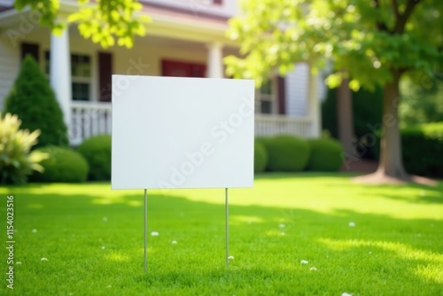 Clean empty yard sign on lush lawn, blurred backdrop, bokeh, blurry photo