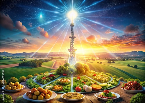 5G networks illuminate the countryside, showcasing gourmet food artistry. photo