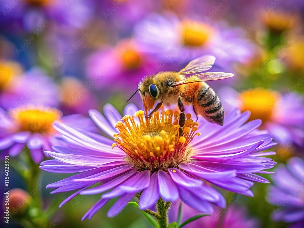 A long exposure captures a Michaelmas daisy being pollinated by a honeybee. A long exposure captures a Michaelmas daisy being pollinated by a honeybee.
