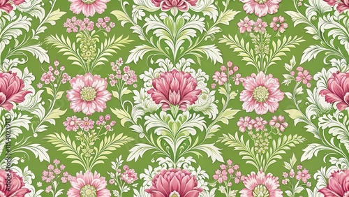 Wallpaper Mural Intricate damask floral pattern with repeating motif of pink and white flowers amidst lush greenery , botanical, floral Torontodigital.ca