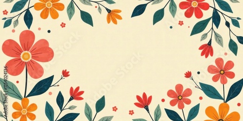 Vibrant Floral Frame Featuring a Delightful Arrangement of Blossoms and Greenery, Ideal for Various Design Applications