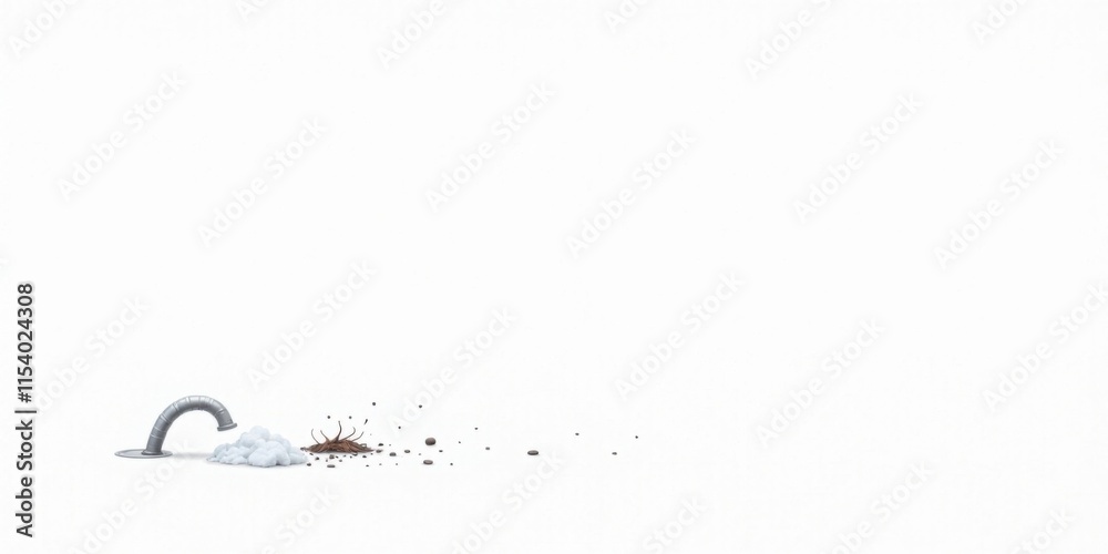 Obraz premium Abstract image of a curved metal pipe expelling a fluffy white substance and dark brown granular material onto a white surface.