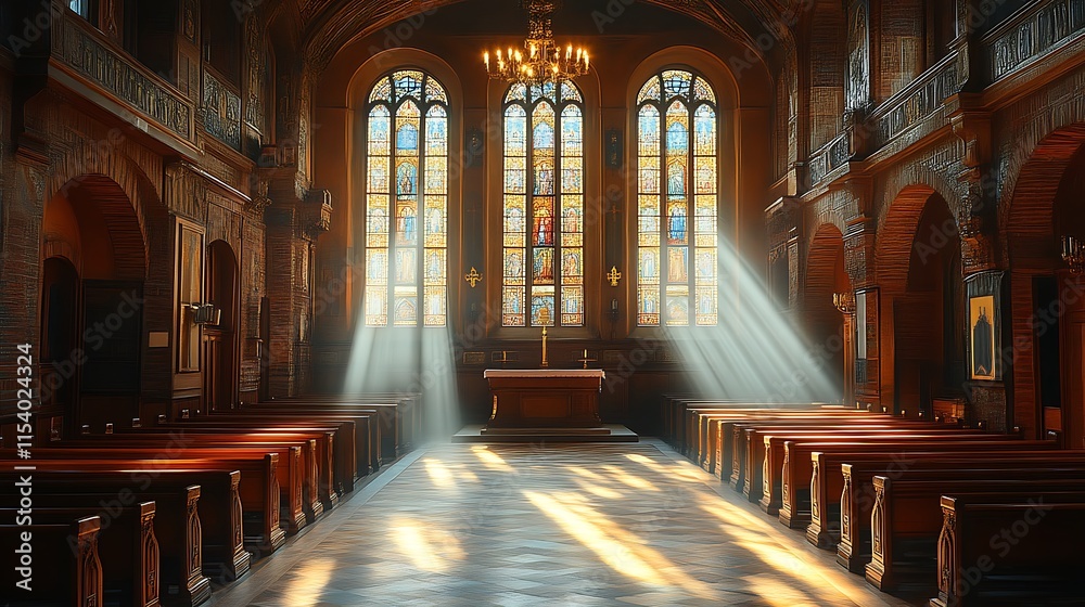 Fototapeta premium Sunbeams illuminate a church's stained-glass windows and altar.