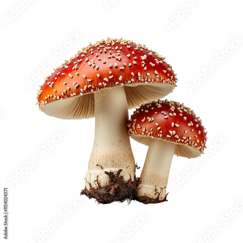 Close-up of three vibrant red mushrooms on transparent background. ai generated photo