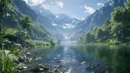 Serene mountain lake reflecting snow-capped peaks under a bright sky.