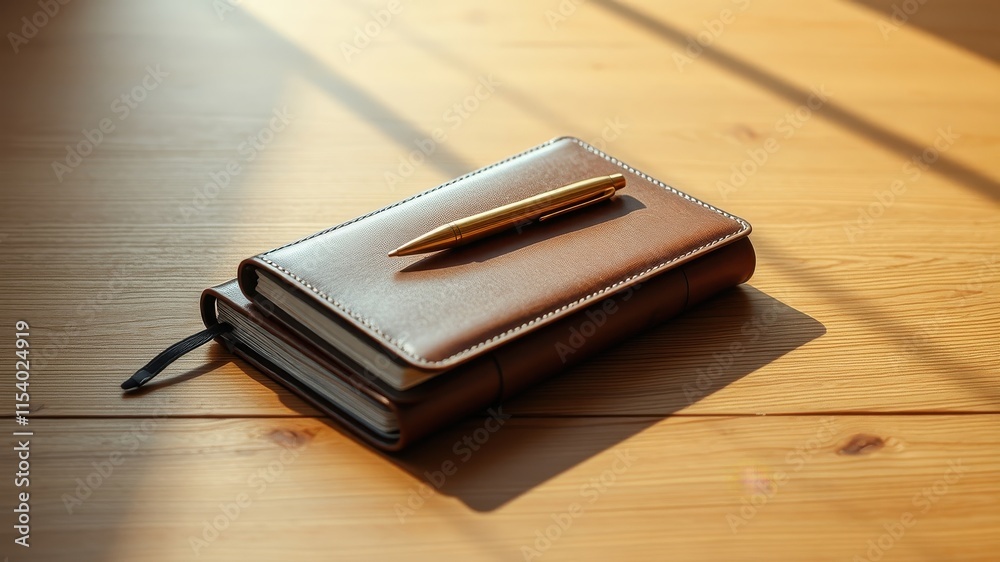 A brown leather-bound journal rests on a sunlit wooden surface, accompanied by a gold pen. A brown leather-bound journal rests on a sunlit wooden surface, accompanied by a gold pen.