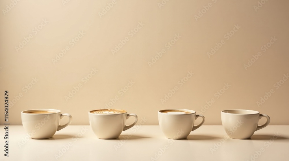 A Row of Four Coffee Cups with Latte Art on a Neutral Background Displays Simple Elegance A Row of Four Coffee Cups with Latte Art on a Neutral Background Displays Simple Elegance