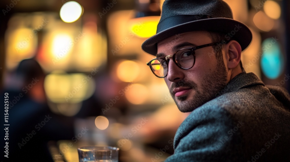 Stylish man at a bar looking back with a drink in hand, dressed in a classy outfit, captured in a warm and inviting atmosphere. Stylish man at a bar looking back with a drink in hand, dressed in a classy outfit, captured in a warm and inviting atmosphere.