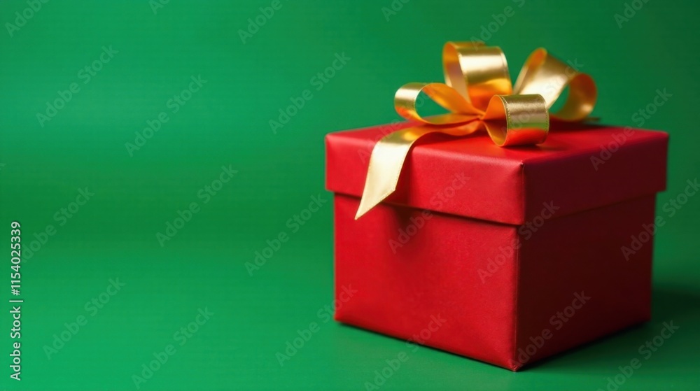 A Red Gift Box with a Golden Ribbon on a Green Background, a Symbol of Celebration and Festive Cheer
