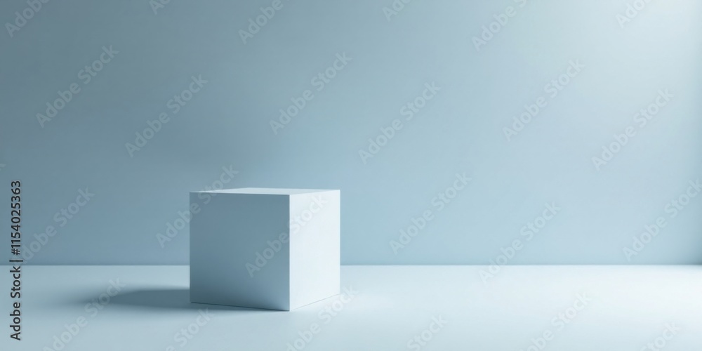 A solitary white cube rests on a pale blue surface, minimalist backdrop for product display or artistic composition A solitary white cube rests on a pale blue surface, minimalist backdrop for product display or artistic composition