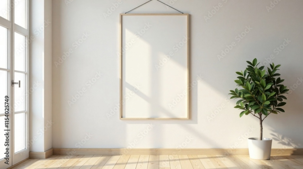 Sunlight streams into a minimalist room, illuminating a blank canvas and a potted plant, creating a serene and inviting atmosphere Sunlight streams into a minimalist room, illuminating a blank canvas and a potted plant, creating a serene and inviting atmosphere