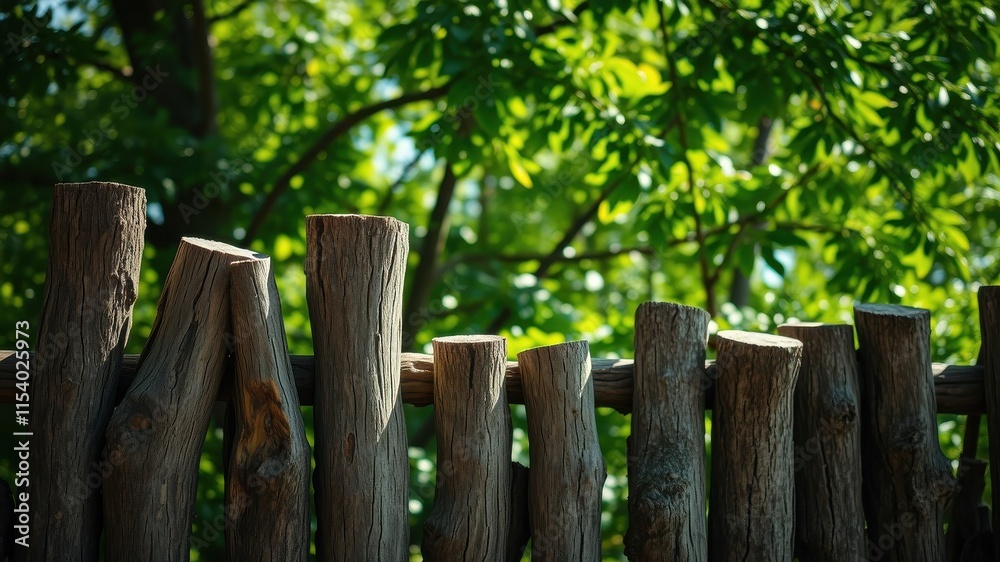 Obraz premium Rustic wooden fence against a backdrop of lush green foliage in a tranquil natural setting