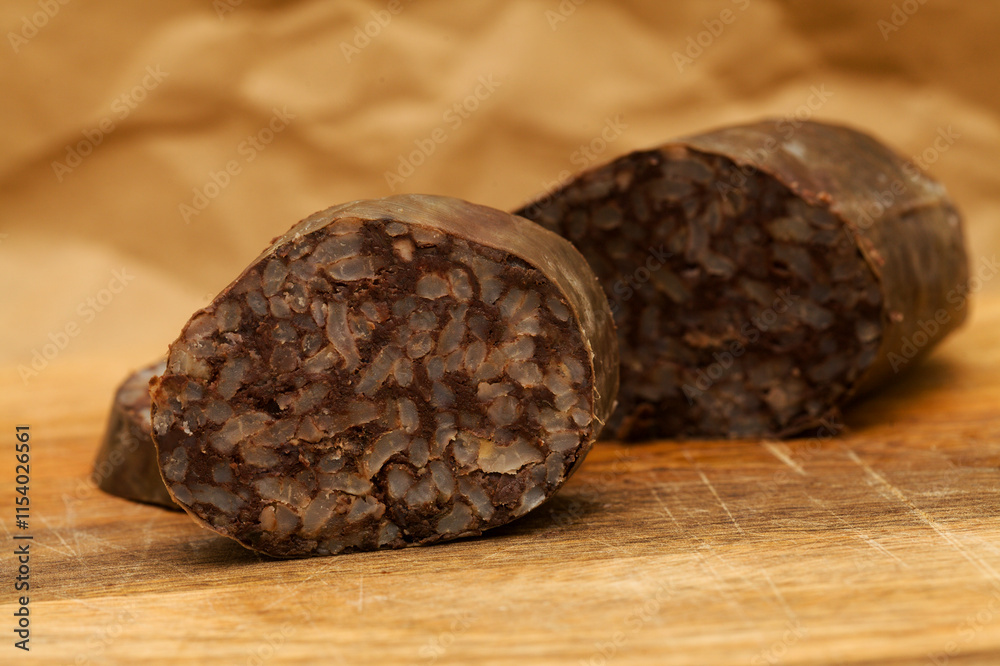 Morcilla, blood sausage with rice, typical of Spain, macro food background Morcilla, blood sausage with rice, typical of Spain, macro food background