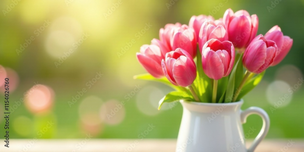 A delicate bouquet of pink tulips in a pristine white pitcher, bathed in soft sunlight against a blurred verdant backdrop A delicate bouquet of pink tulips in a pristine white pitcher, bathed in soft sunlight against a blurred verdant backdrop