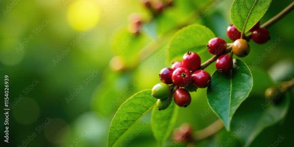 Vibrant Red Coffee Berries on Lush Green Foliage Basking in Warm Sunlight, a Close-Up View of Nature's Bounty Vibrant Red Coffee Berries on Lush Green Foliage Basking in Warm Sunlight, a Close-Up View of Nature's Bounty