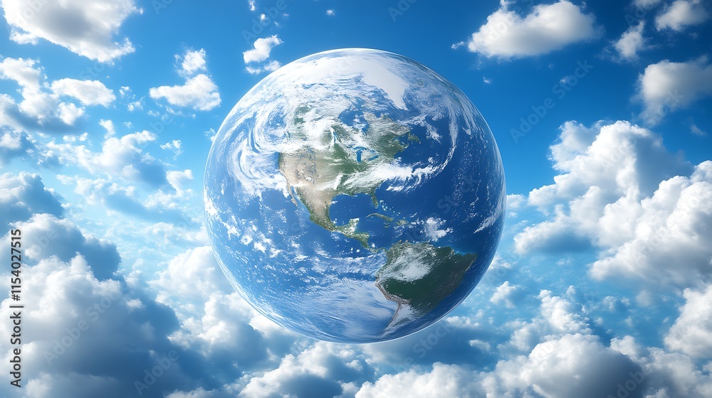 Earth globe floating in bright blue sky with fluffy white clouds. Earth globe floating in bright blue sky with fluffy white clouds.