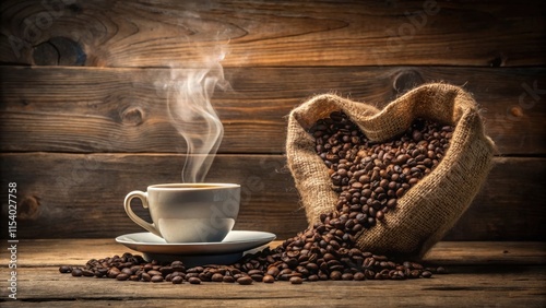 A heart-shaped smoke rises from a cup of coffee on an old wooden background, surrounded by scattered coffee beans and burlap sack , warm tones, natural light