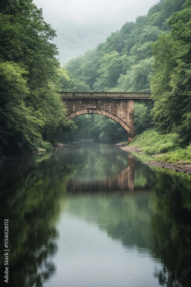 Majestic Stone Bridge Over a Serene River, Nestled in a Lush Forest. A Peaceful and Scenic Landscape. A Timeless Architectural Masterpiece. A Tranquil Morning View. A Perfect Nature Escape.