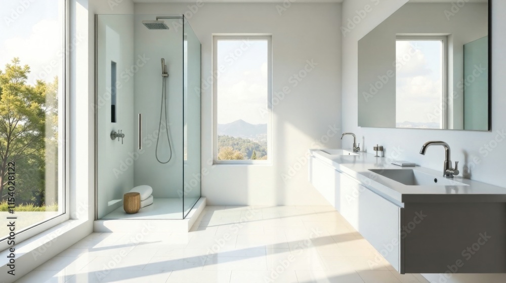 Modern Minimalist Bathroom with Scenic View and Glass Shower Enclosure Modern Minimalist Bathroom with Scenic View and Glass Shower Enclosure