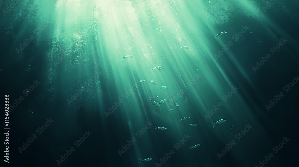 Minimalist Underwater Scene: Swarm of Fish Swimming in the Ocean with Sunlight Filtering Through. AI generated illustration Minimalist Underwater Scene: Swarm of Fish Swimming in the Ocean with Sunlight Filtering Through. AI generated illustration