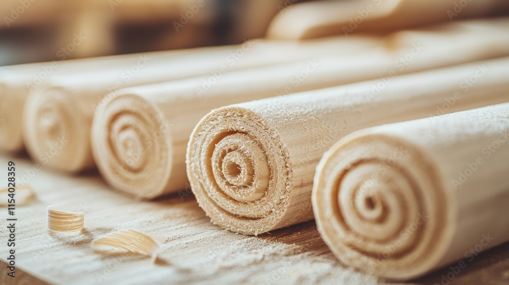 Smooth Wooden Planks with Curled Shavings on Table, Showcasing Craftsmanship and Natural Material Perfect for Carpentry and Woodworking Projects