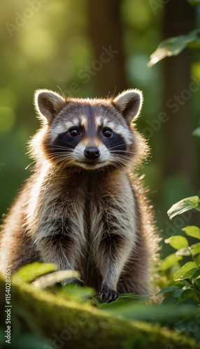 A curious raccoon peeks out from lush green foliage in the forest, its signature mask and fluffy fur glowing in the soft sunlight, creating a scene full of natural charm