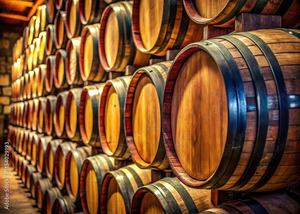 Close-up of aged wine barrels, perfectly stacked. Winery detail. Close-up of aged wine barrels, perfectly stacked. Winery detail.