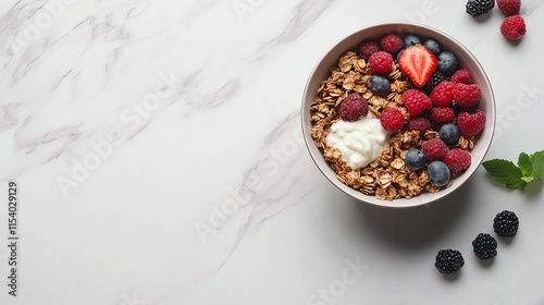 A photostock image of a healthy granola bowl with fresh berries on a marble countertop.--ar 16:9 photo