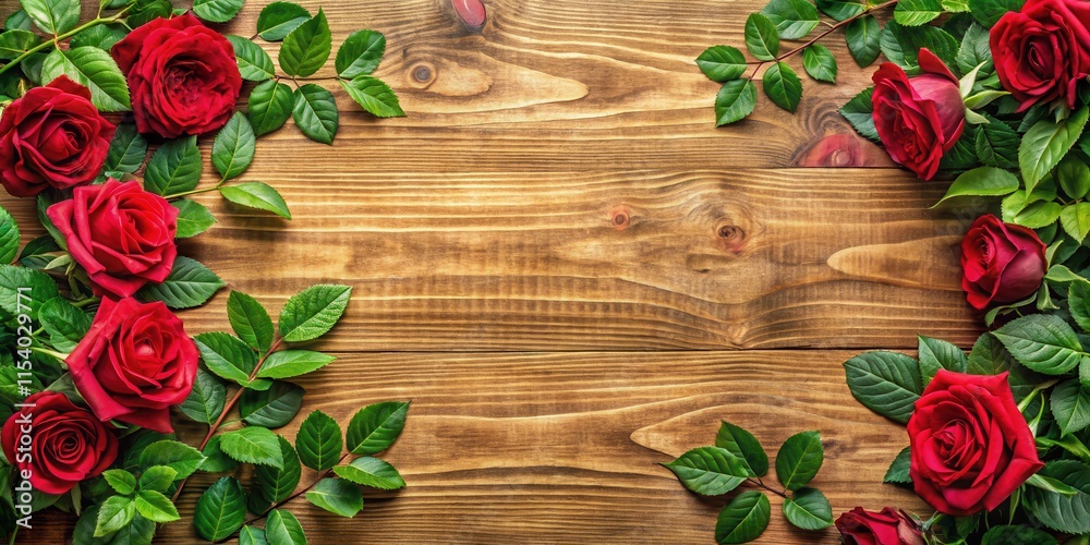 A close-up of a wooden background with lush green leaves and velvety red roses in full bloom, surrounded by delicate floral patterns A close-up of a wooden background with lush green leaves and velvety red roses in full bloom, surrounded by delicate floral patterns