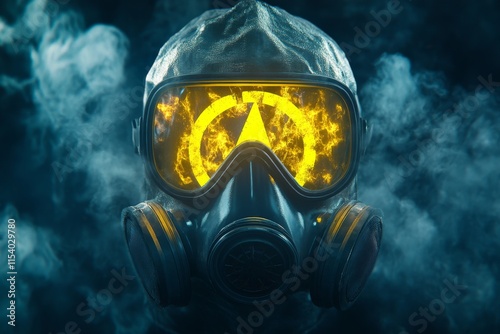 A striking gas mask with glowing yellow lenses, surrounded by smoke, evokes themes of danger and protection in a post-apocalyptic atmosphere. photo