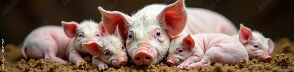 Fototapeta premium A nurturing sow surrounded by her piglets, all snuggled together , love, piglets