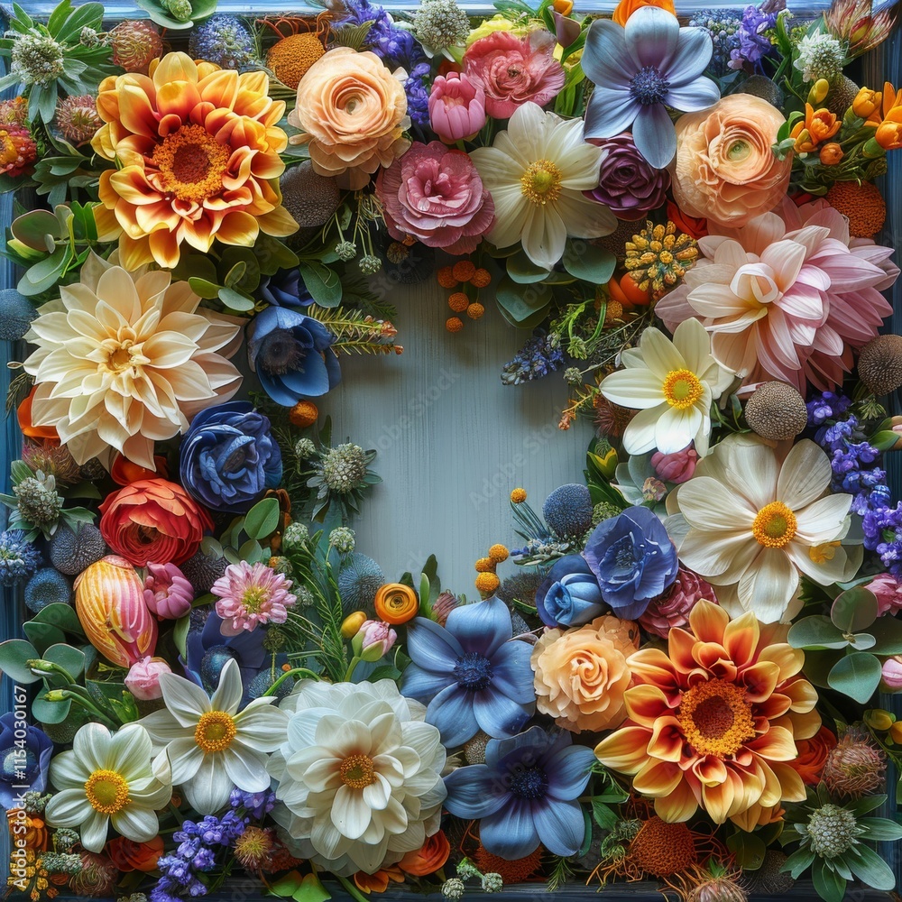 A colorful flower arrangement with a blue frame A colorful flower arrangement with a blue frame