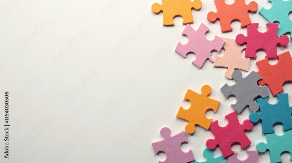 Obraz premium Colorful Puzzle Pieces Arranged on a White Background, Representing Teamwork, Problem-Solving, and Creativity