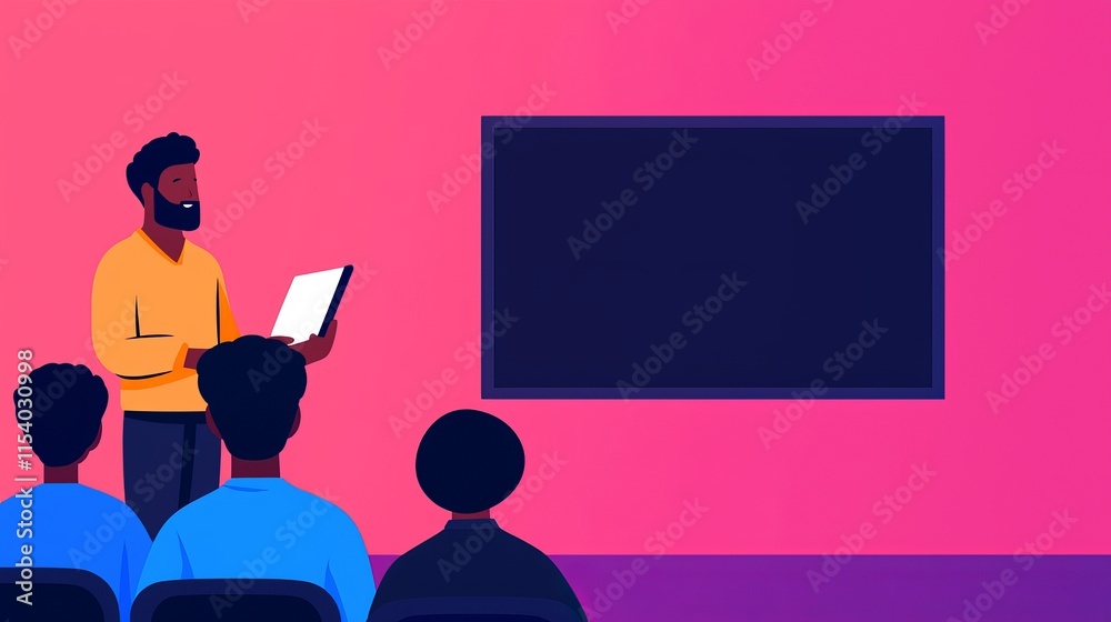 A presenter stands before an audience, holding a document, with a large blank screen behind them, set against a vibrant pink background. A presenter stands before an audience, holding a document, with a large blank screen behind them, set against a vibrant pink background.