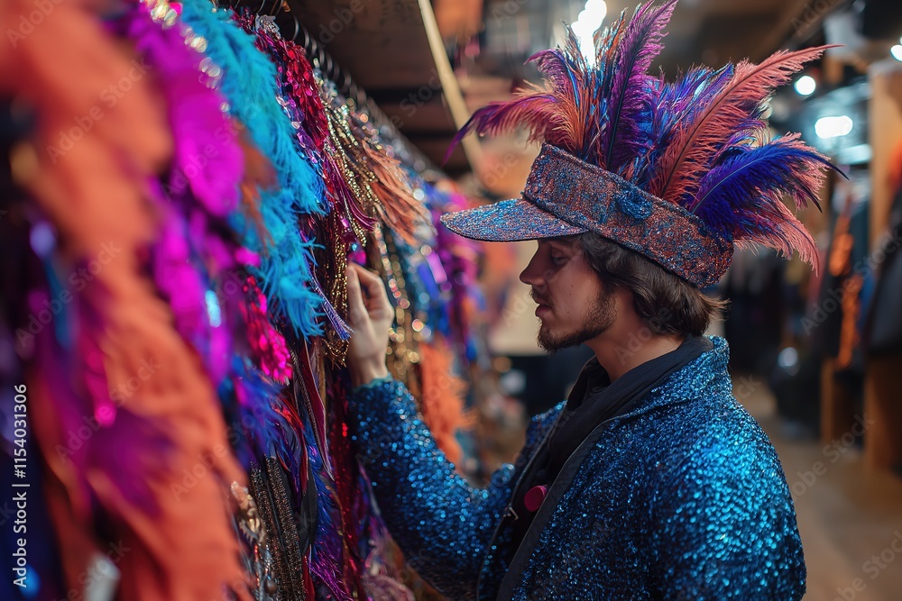 Exploring vibrant carnival accessories while trying on colorful hats and costumes in a lively shop