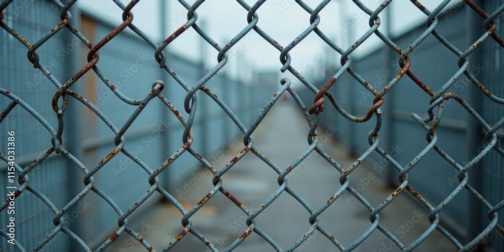 A weathered chain link fence reveals a blurred pathway beyond its rusty, interwoven metal A weathered chain link fence reveals a blurred pathway beyond its rusty, interwoven metal