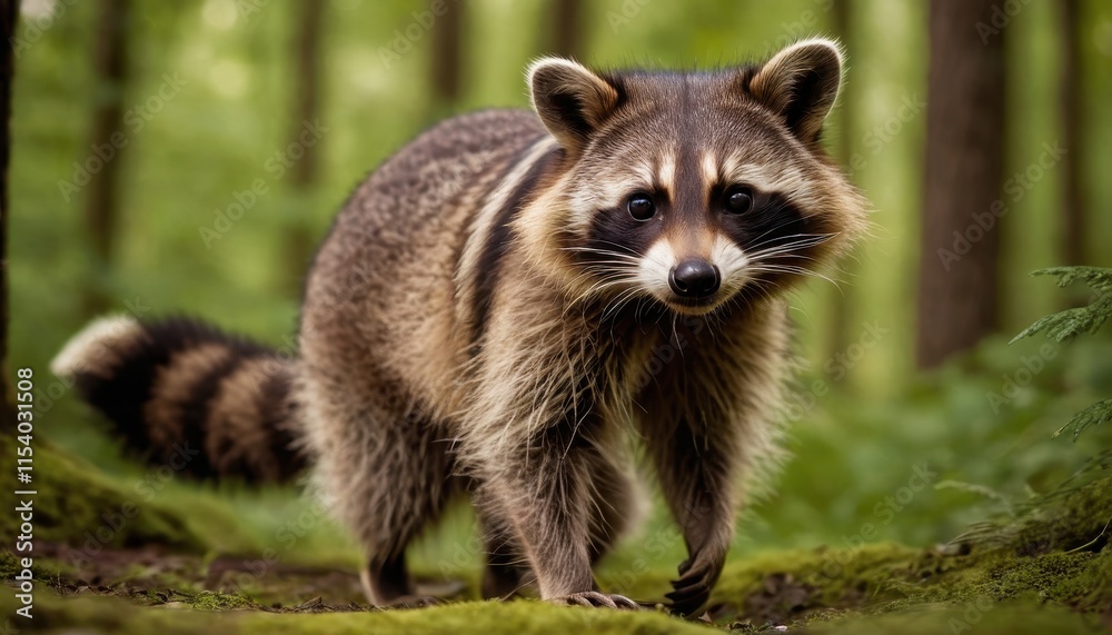 A curious raccoon strolling through a lush, moss-covered forest floor, its iconic mask and bushy fur creating a striking contrast against the vibrant greenery A curious raccoon strolling through a lush, moss-covered forest floor, its iconic mask and bushy fur creating a striking contrast against the vibrant greenery